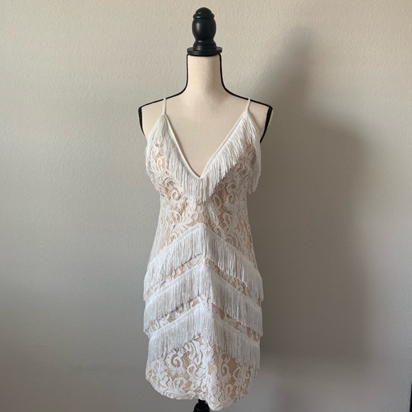 white strappy lace tassel detail bodycon dress
